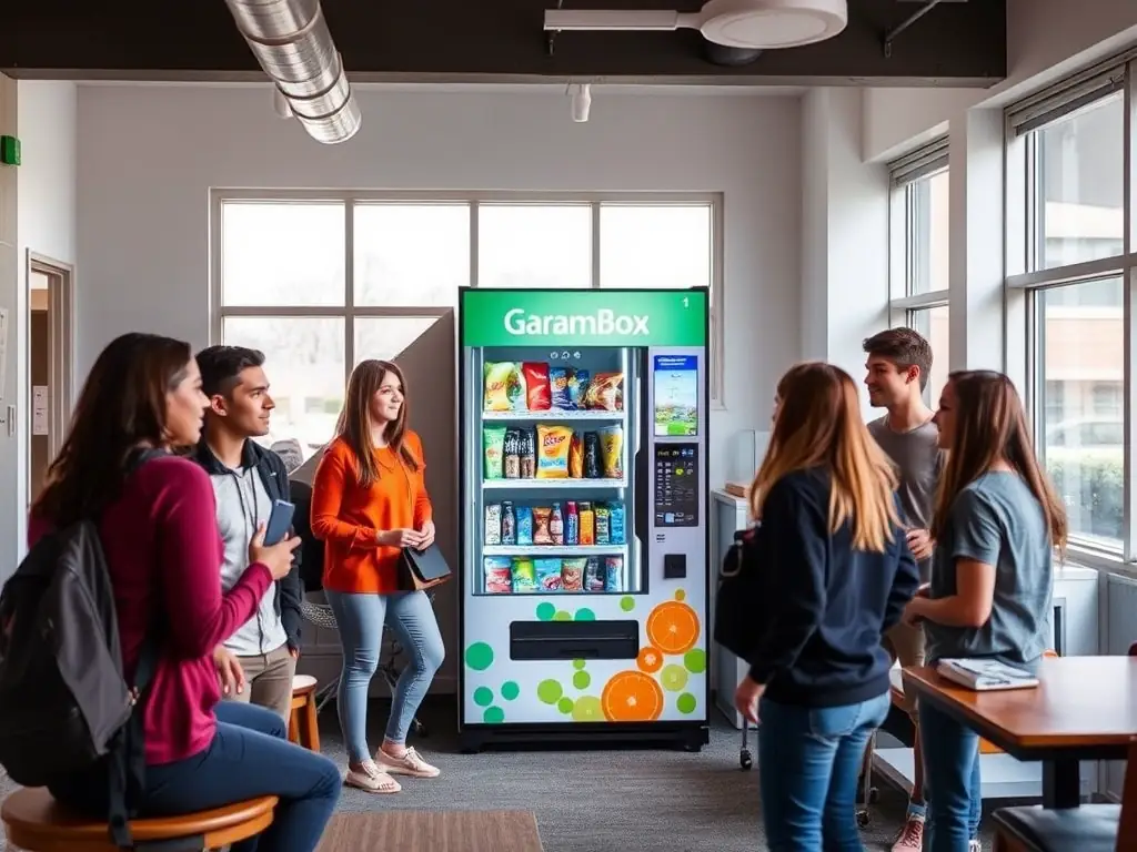 A student housing common area with a GaramBox vending machine offering a variety of snacks and drinks. Students are seen using the machine, showcasing the convenience and accessibility of having a vending solution in a residential setting.