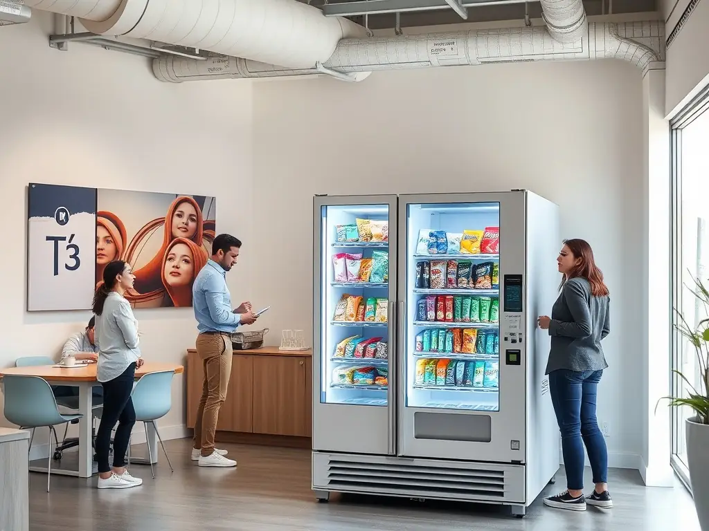 A modern office space with a GaramBox vending machine in the break room. Employees are seen happily selecting snacks and drinks from the machine, illustrating the convenience and appeal of having a vending solution in the workplace.